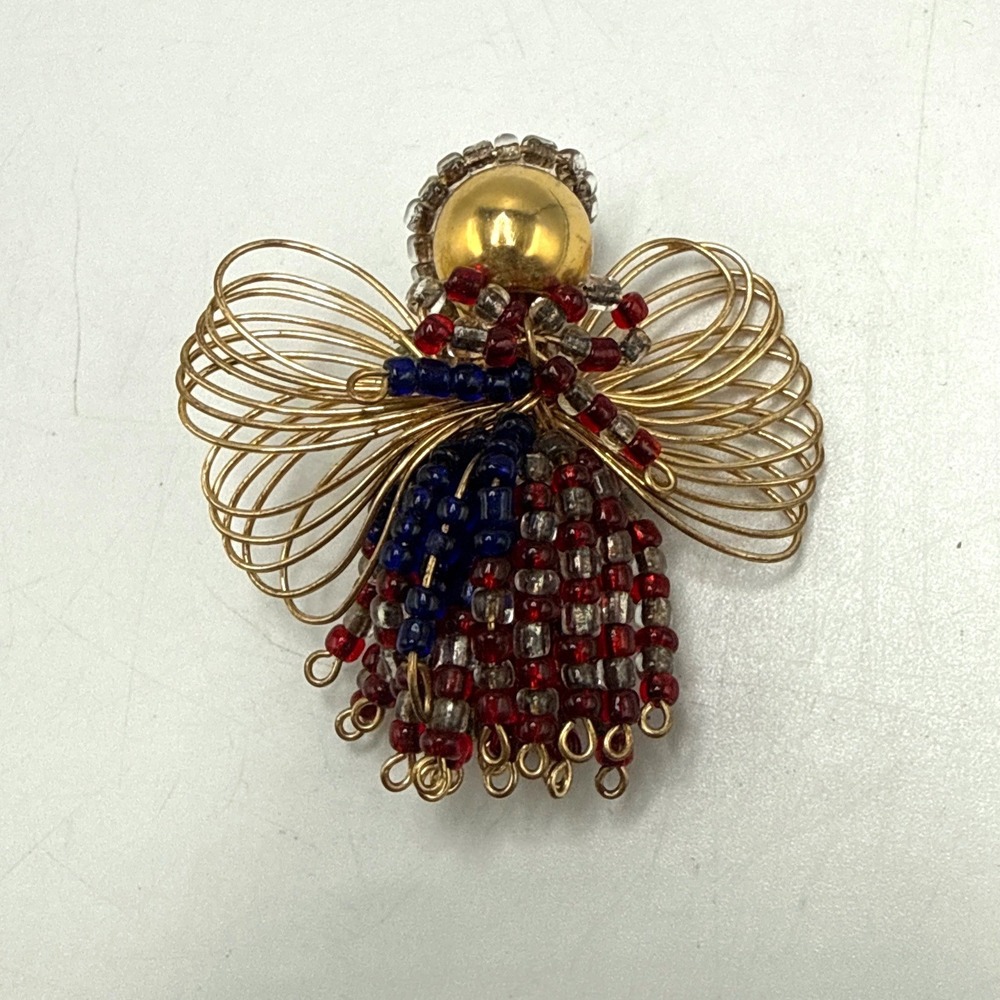 Vintage Patriotic Angel Brooch Wire Wrapped Red White Blue Beaded Pin Gold Tone
